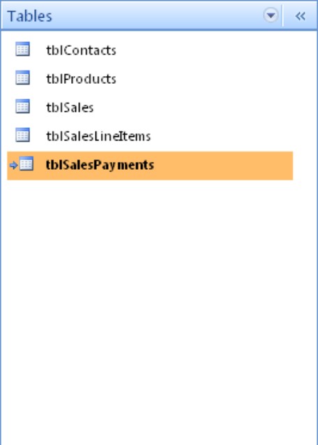 The Navigation Pane with tblSalesPayments added. Notice the icon indicating that this is a linked table.